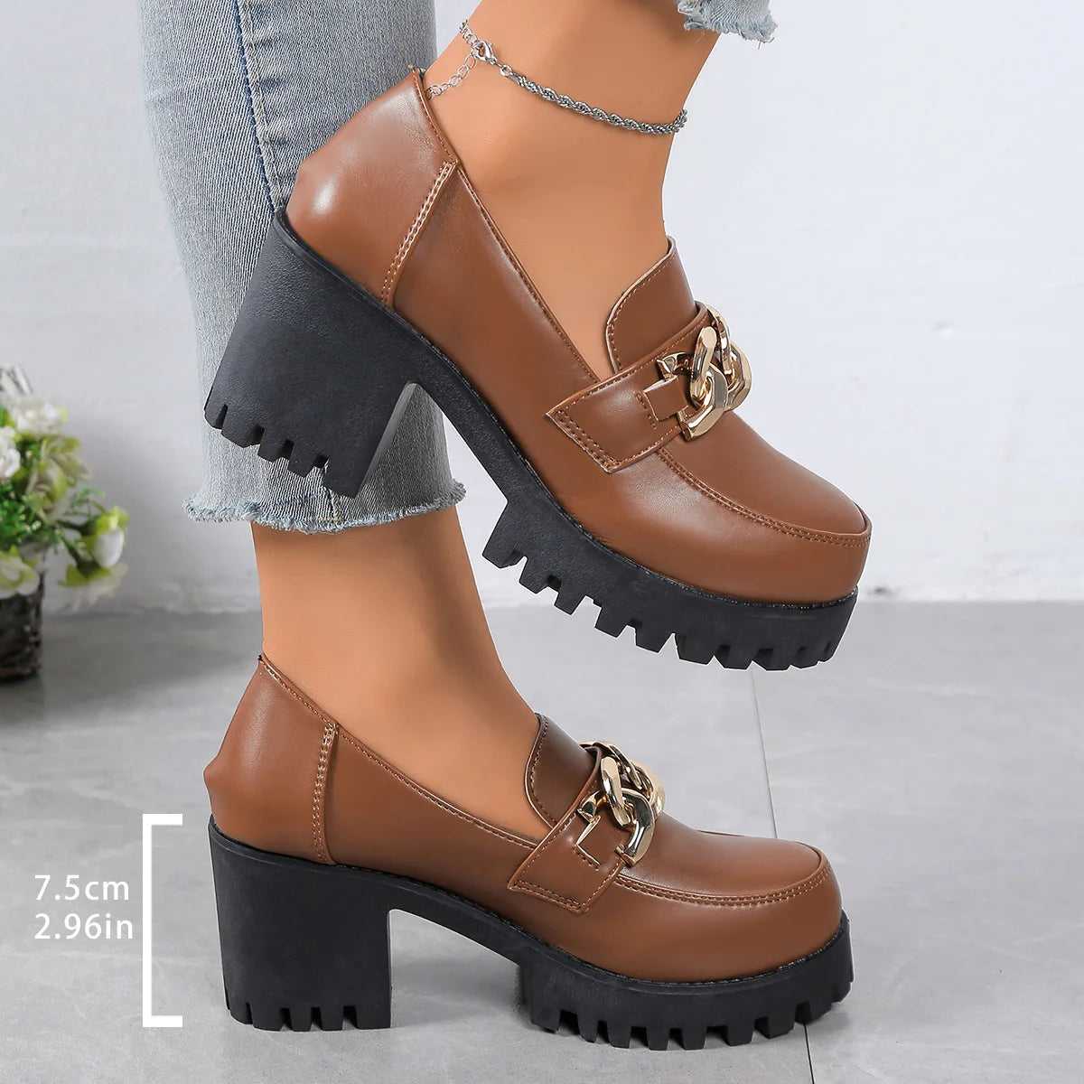 Women's Large Size Thick Heel Slip-On round Toe Leather Shoes Spring Autumn New Style Korean Style PU Leather Mid Heel