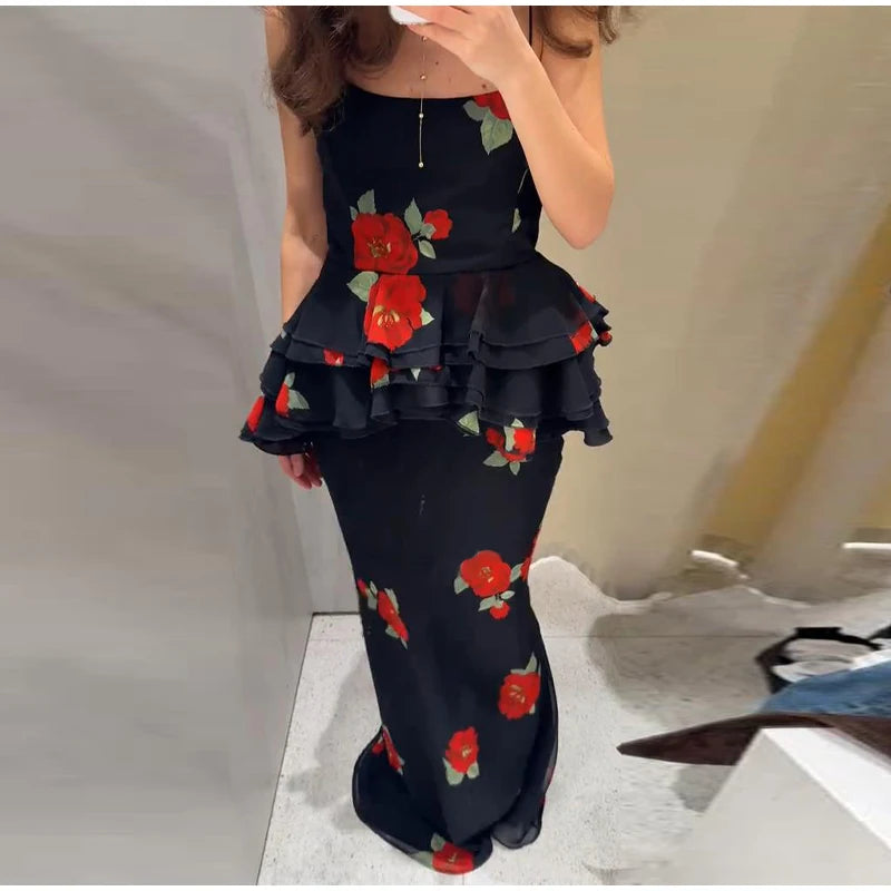 Sexy Flower Print Top Long Skirt Set Women Slim Ruffle Strap U-neck Top Loose High Waist Skirts  Fashion Summer Party Suit