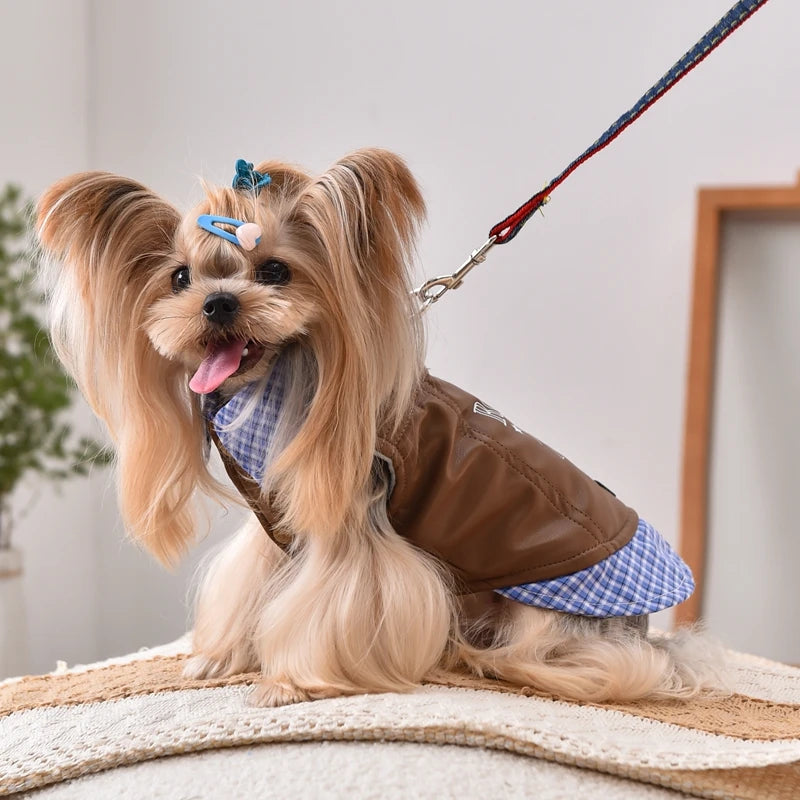 Leather Pitbull Costumes For Small Medium Size Breed Dog With Plaid Shirt Collar Winter Warm Pet Harness Coat Jacket Puppy Wear