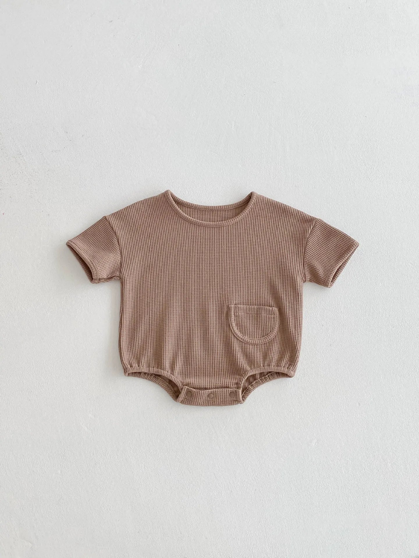 New Korean Style Baby Summer Cotton Simple Comfortable Short - Sleeve Waffle - Knit Onesie with Small Pocket Decoration Romper
