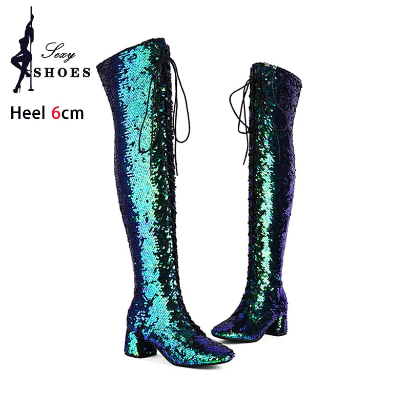 Glitter Bling Boots Women Over the knee Chunk High Heels Zipper Lace-Up Runway Lady Shoes Large Size Thigh High Boots Size 46