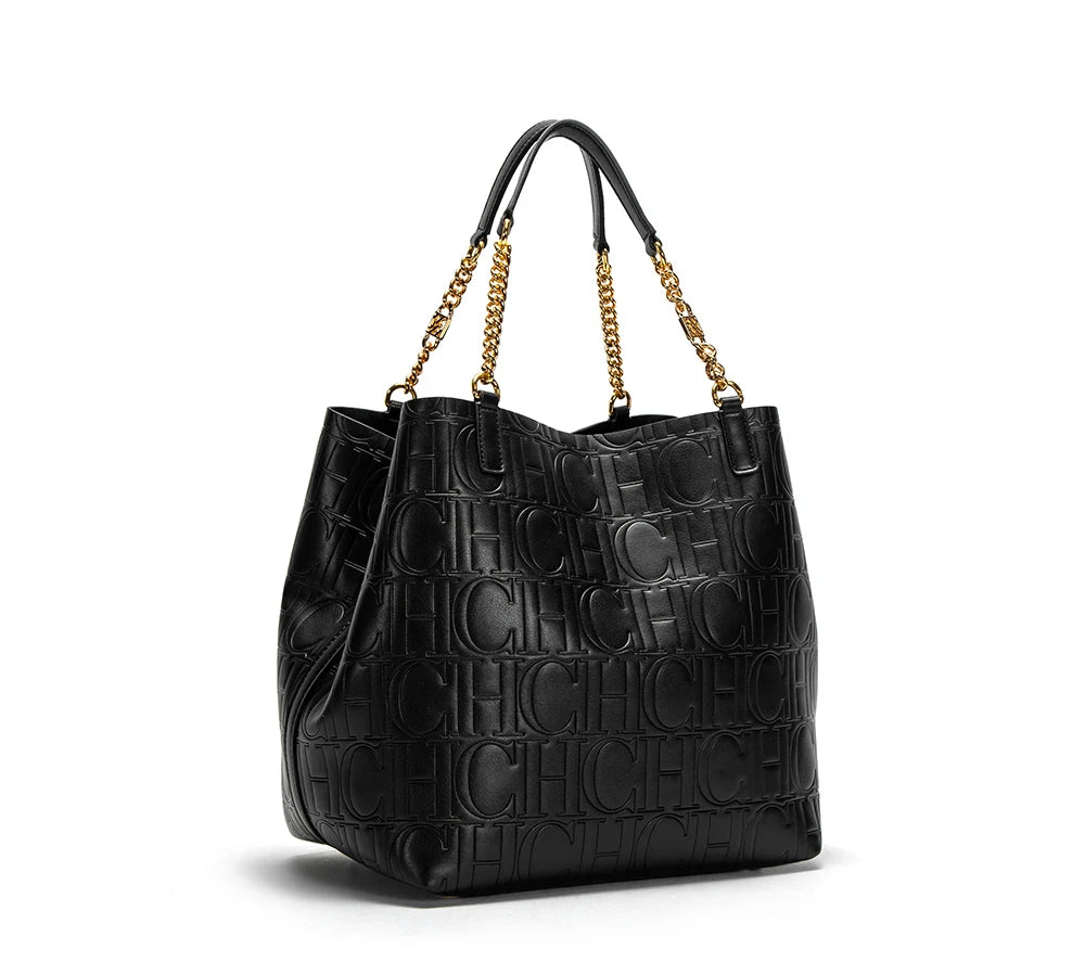 CH Tote Bag For Women Luxury Designer Handbag Fashion Embossed Leather Shoulder Bag Elegant Gold Chain Tote Bag For Daily Use