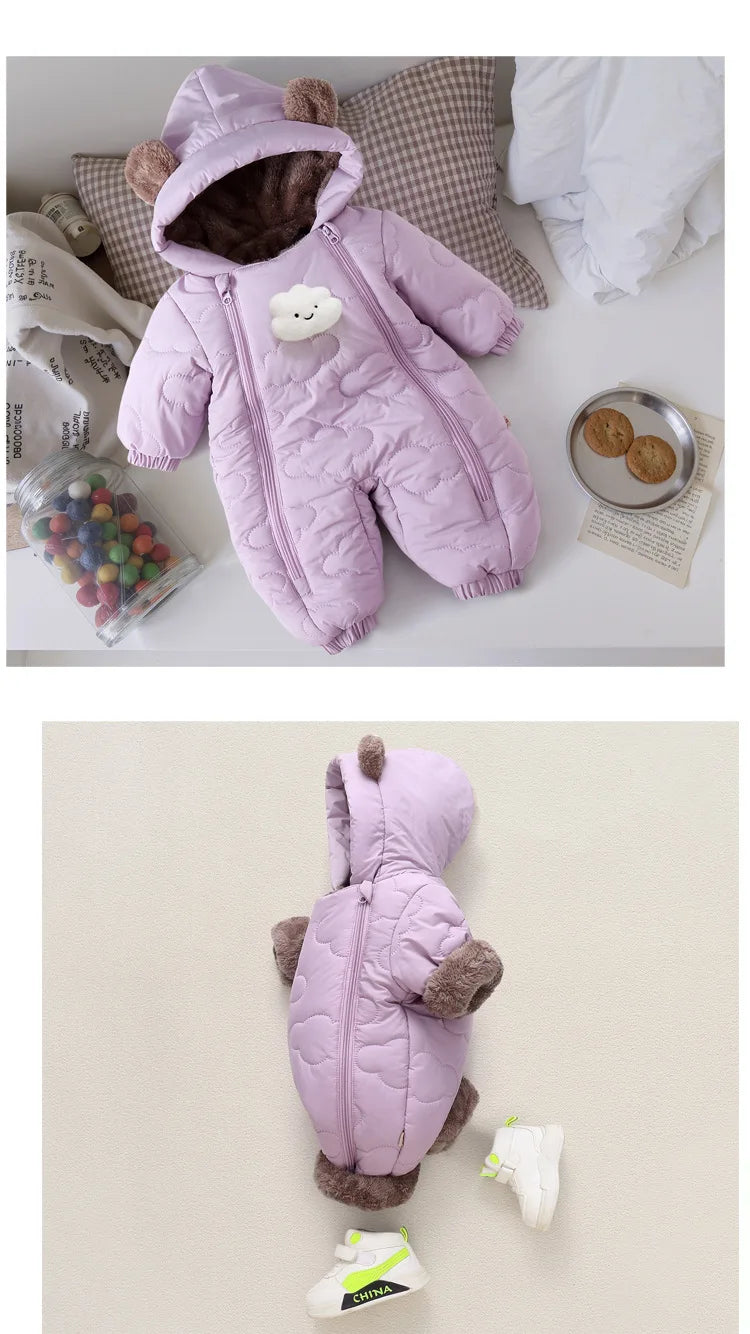 Toddler Baby Girl Boy Jumpsuit Thickened Fleece Lined Double-Layer Hooded Romper 0-2Y Cute Bear Ears Winter Warm Kids Snowsuit