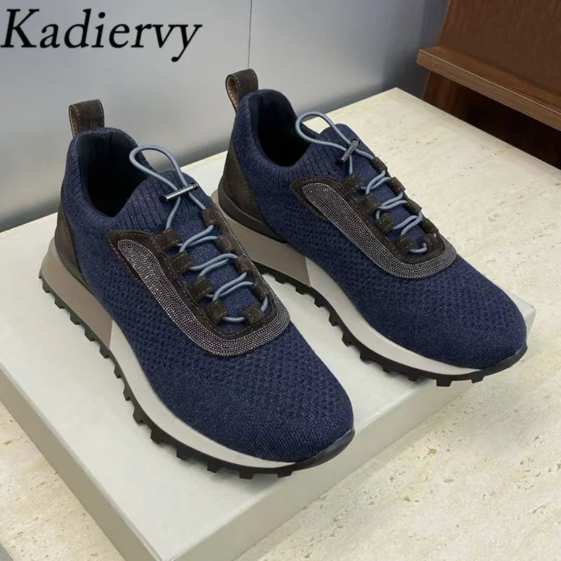 Casual Sneakers Women Round Toe Patchwork Outdoors Running Shoes Cosy Walking Shoes String Bead Lace Up Flat Sports Shoes Woman