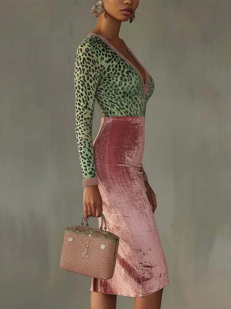 Spring And Autumn New Comfortable Casual Dress Women's Sexy V-neck Stitching Slim Wrap Hip High-waisted Long-sleeved Dresses