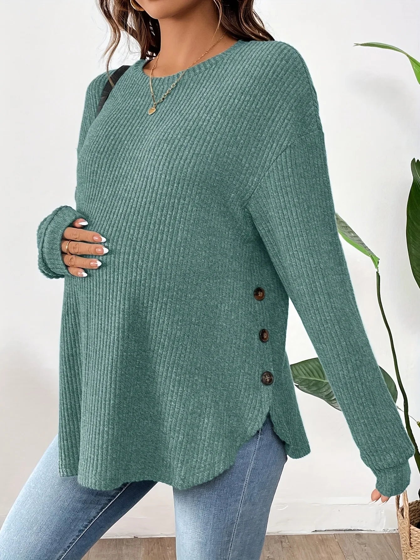 Pregnant Women's New Top For Autumn And Winter Casual Pullover Round Neck Long Sleeved Button Sweater