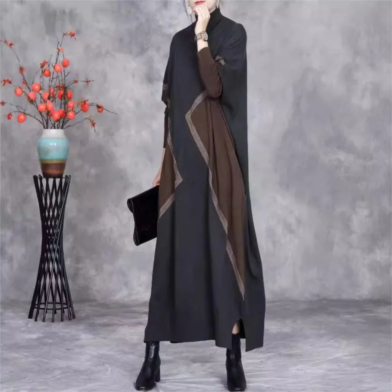 Johnature 2025 Woman Autumn New Fashion Mock Neck Loose Long Sleeves Dress Chinese Style Contrast Batwing Sleeve Casual Dress