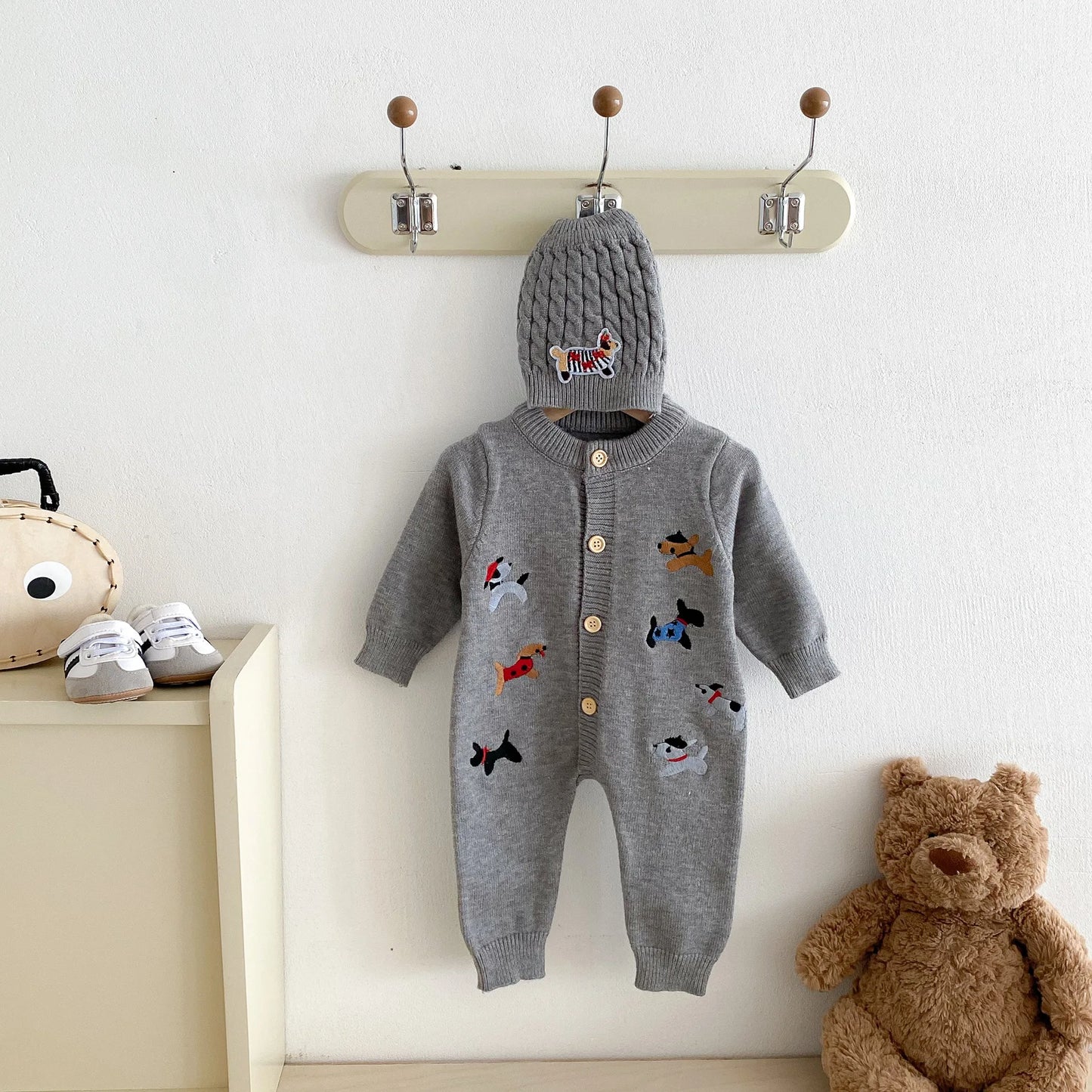 2Pcs Autumn and Winter Baby Clothes Cute Cartoon Dog Newborn Clothes Knitted Warm Boys and Girls Baby Jumpsuit+Hat Set