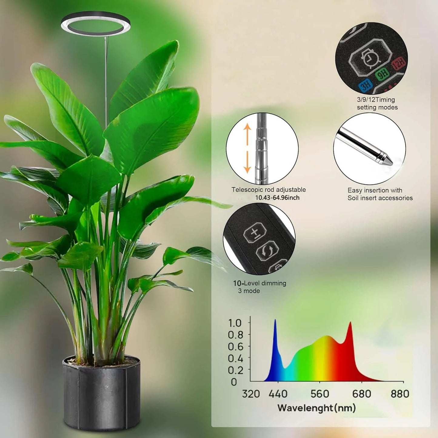 HOMEFISH 1 pc Height Adjustable LED Grow Light Plant Growing Lamp Full Spectrum with 3 Timer for Indoor Large Plants