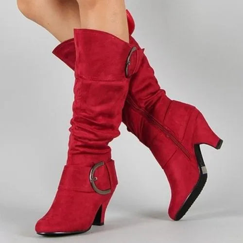 Women's Boots Mid Calf New Fashionable Bohemian Boots Square Heel European and American Belt Buckle Metal Decoration Women Shoes
