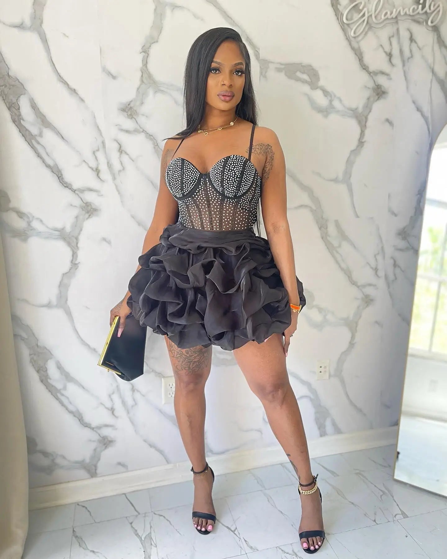 HBLL Sexy Rhinestone Bodycon Ruched Puff Suspenders Dresses Women Sheer Mesh Birthday Party Night Clubwear Summer Dresses Robes