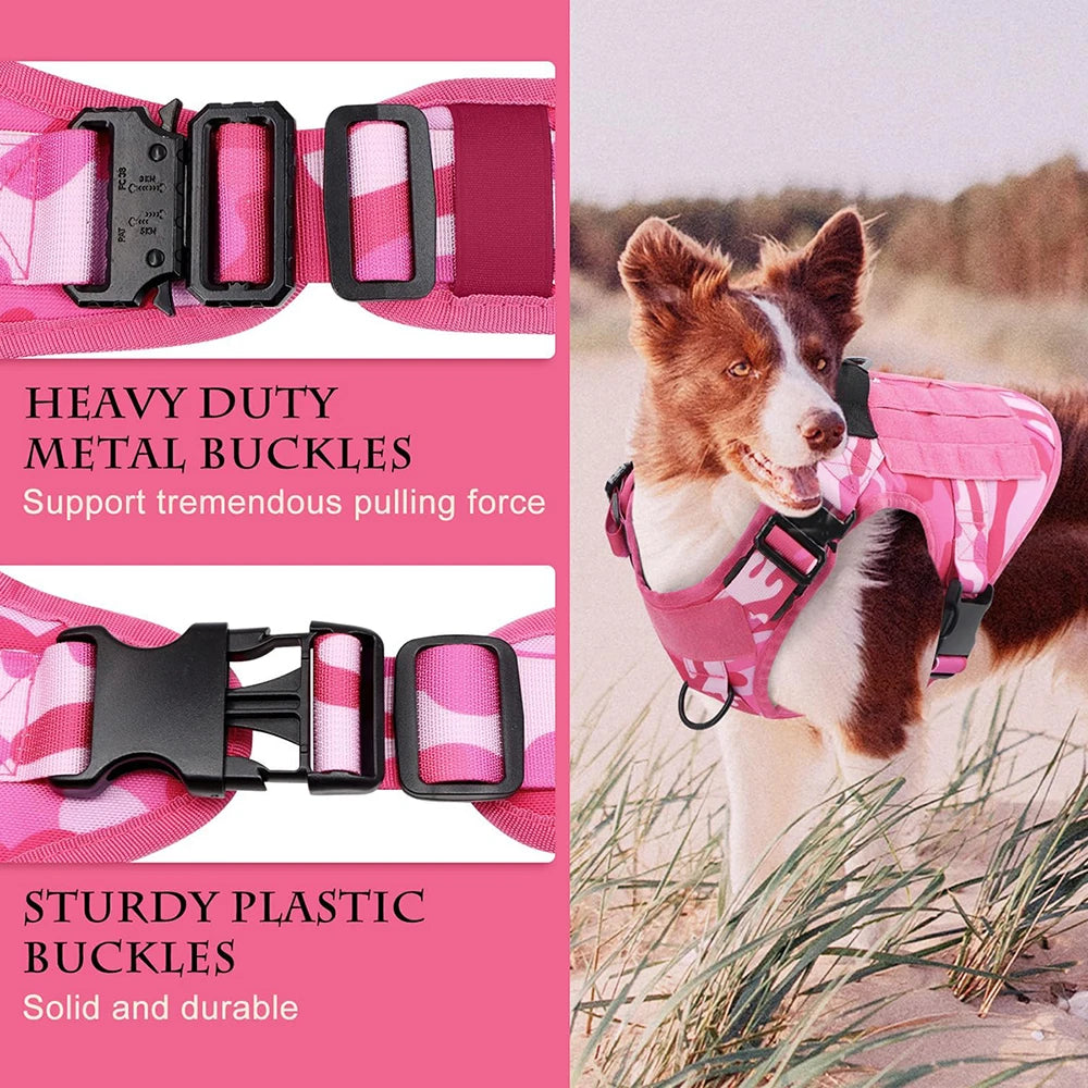 Tactical Pink Dog Harness Leash Set for Medium to Large Dog Adjustable Chest Strap Heavy-Duty Nylon for Outdoor Training Walking