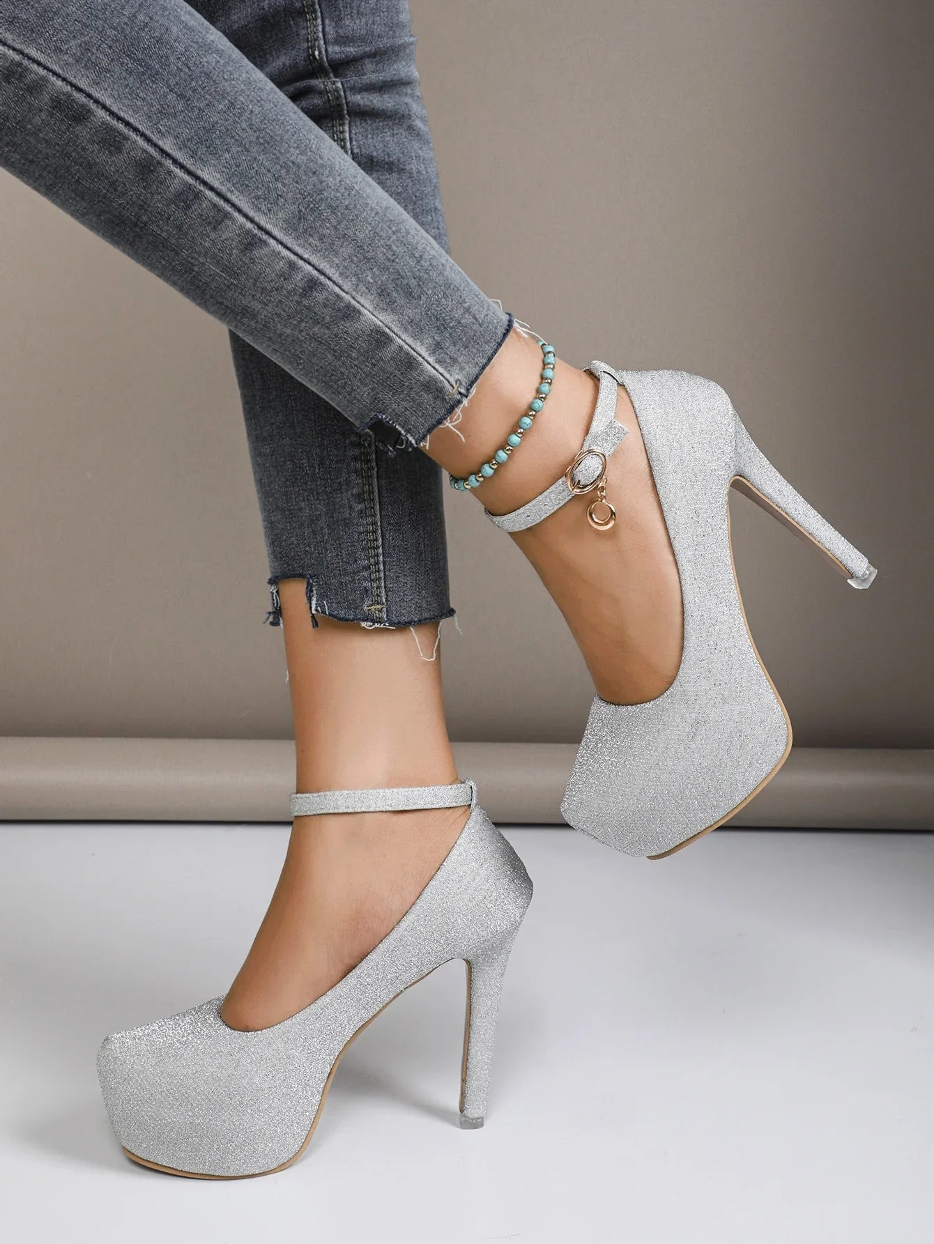 Spring Autumn New Style Waterproof Platform High Heels Thin Heel Silver Large Size Ultra High Heel Single Shoes for Women Show A