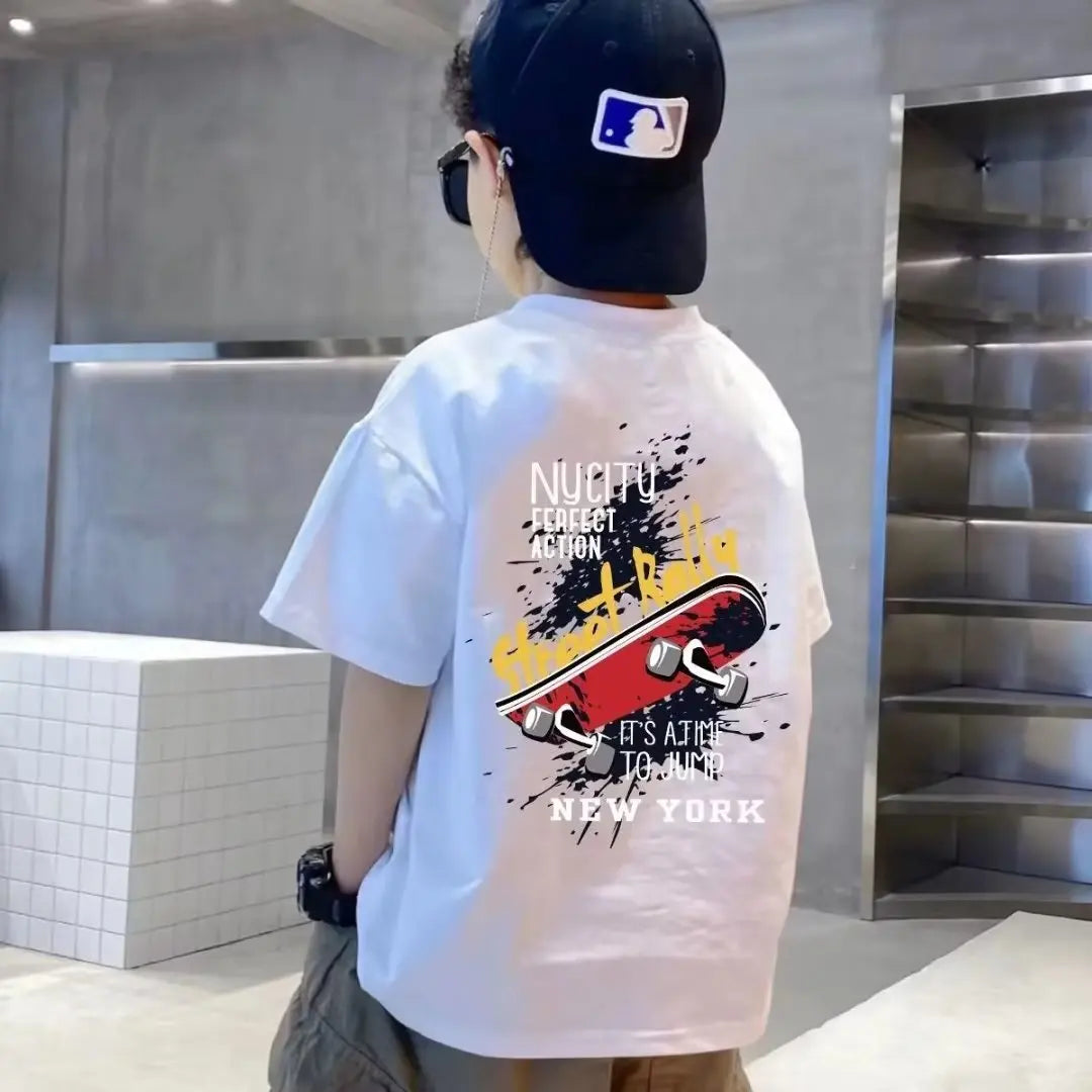 100% Cotton Boys T-shirt Summer Streetwear Cool Graffiti Print Girls Tees Short Sleeve Children Tops High Quality Kids Clothes