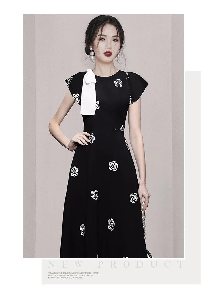 Designer Fashion New Summer Rose Flower Embroidery Office Dress Elegant Women O Neck Hit Color Bowknot Black Floral Midi Dresses