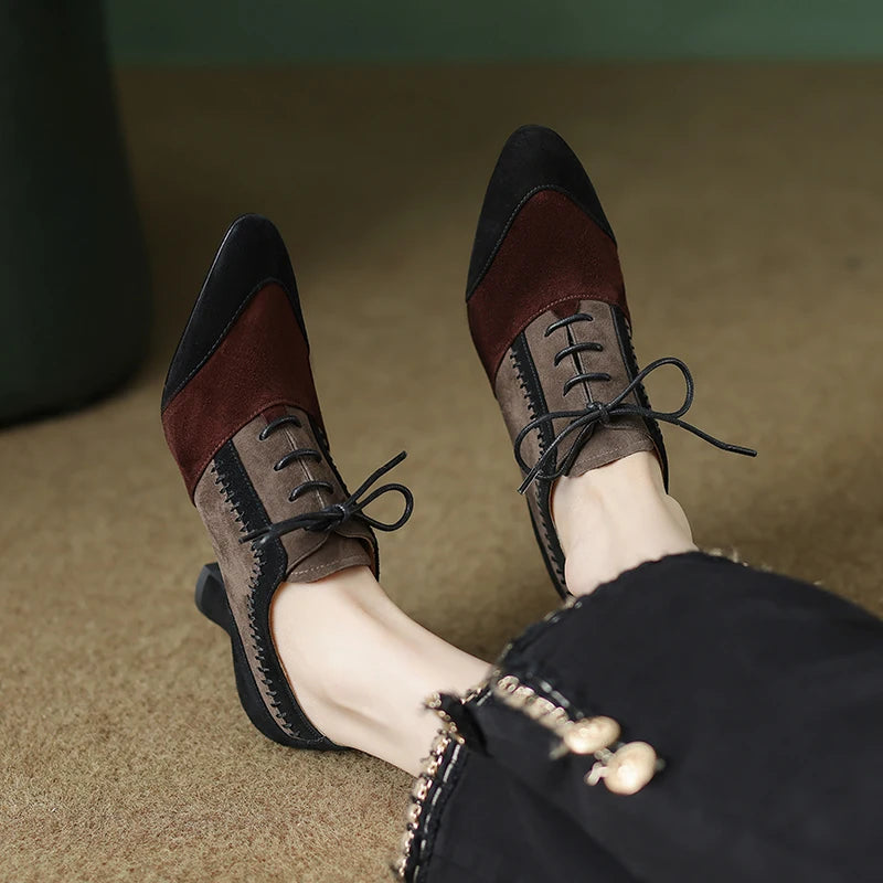 2025 New Spring Autumn Retro Mature Women Pumps Office Ladies High-heeled Lace-Up Genuine Leather Suede Shoes Woman High Quality