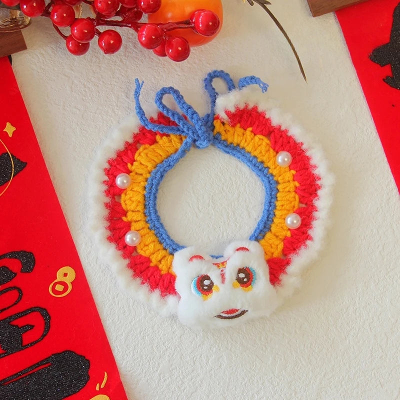 New Year Cat Collar Pet Cat Dog Scarfs Crocheted Kitten Puppy Collar Spring Festival Cat Cosplay Costume Pet Accessiories