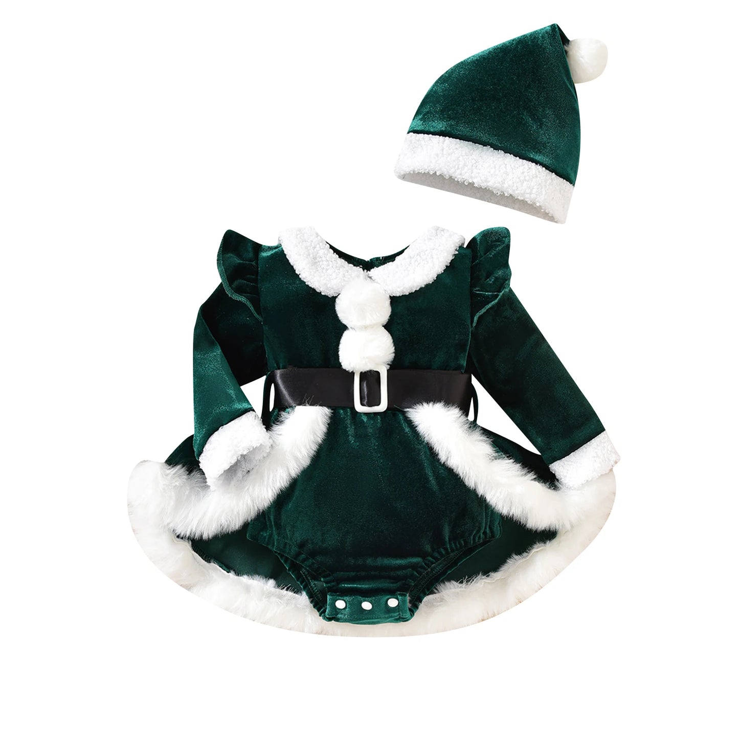 Citgeett Winter Christmas Infant Baby Girls Bodysuit Dress Plush Patchwork Long Sleeve Jumpsuits Cute Santa Hat Set Outfits