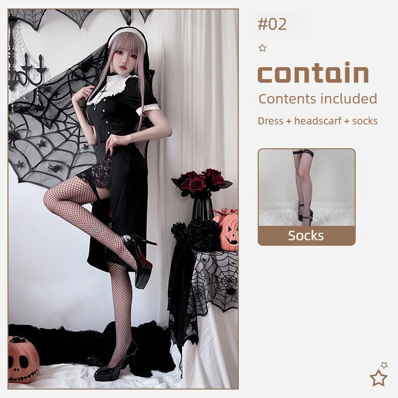 [You're My Secret] 2026 Halloween Cosplay Costumes Women's Vampire Costume Gothic Nun's Clothing Sexy Lace Slim Fit Black Dress