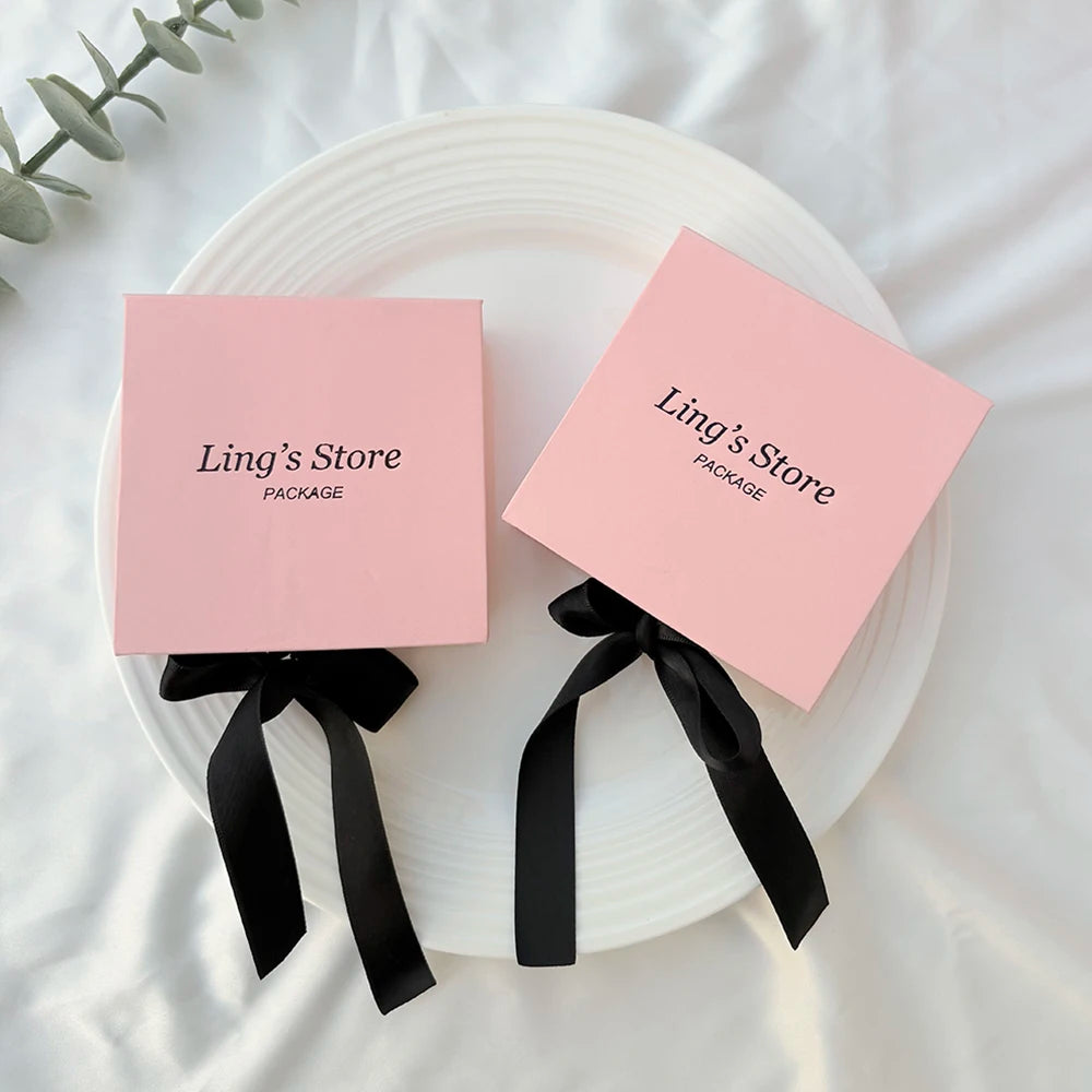 50pcs Pink Personalized Logo Jewelry Flap Bowknot Box Earrings Ring Perfume Watch USB Keychain Organizer Velvet Bag Storage Sack