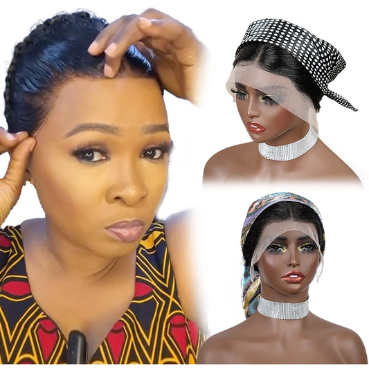 10 Inches 13x4 Inch Lace Front Plait Wig Black Gele Frontal Wig 100% Human Hair with Baby Hair Wig for Women