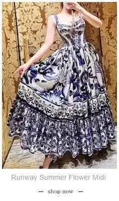 JAMERARY Summer Runway Blue White Porcelain Print Midi Dress Women's Straps Flare Sleeve Elastic Waist Cotton Floral Vestidos