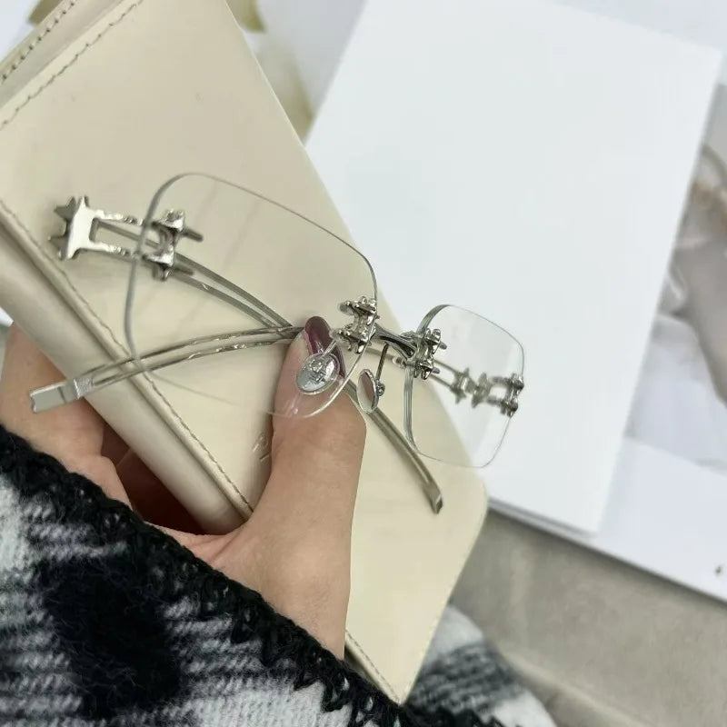 Punk Rimless Square Sunglasses Women Men Metal Bow Frame Luxury Designer Glasses Popular Shade Summer Travel Sun Glasses Eyewear