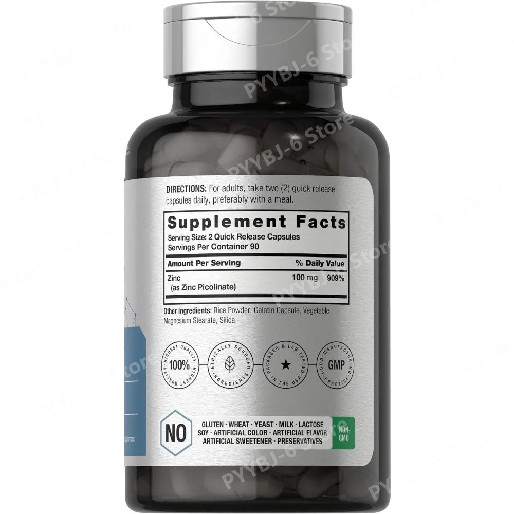 Zinc Picolinate 100mg 180 Capsules Mineral Supplement for Immune Support Skin Hair Nail Wellness Non-GMO Gluten Free for adults