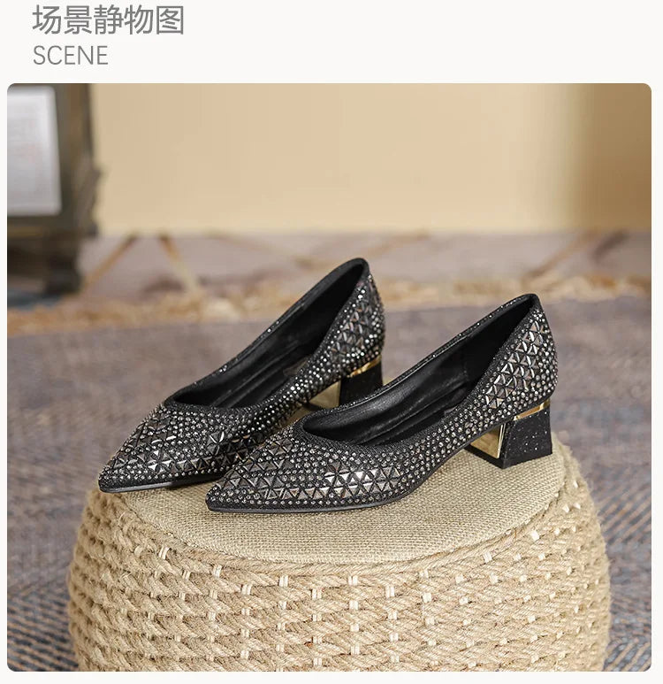 Sequines Cloth Gold rivets pumps women pointed toe glitter med-high heels shoes metal heeled female tacones elegant OL shoes