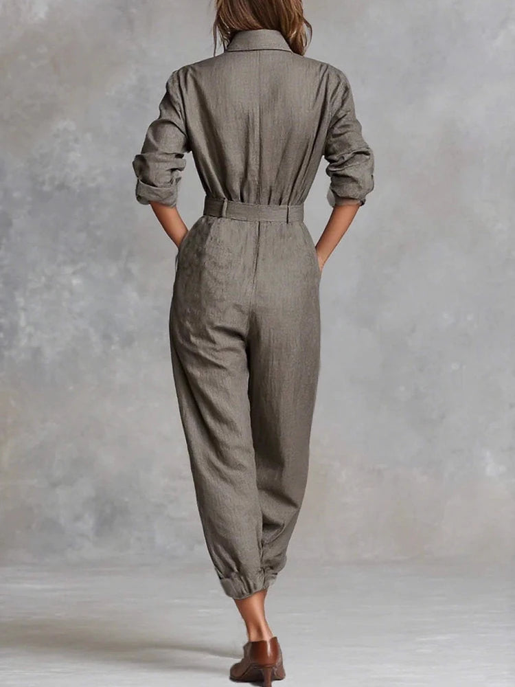 Fashion Lapel Collar Button Pocket Long Jumpsuit Women Casual Long Sleeve Solid Party Romper Elegant Street Loose Cargo Playsuit