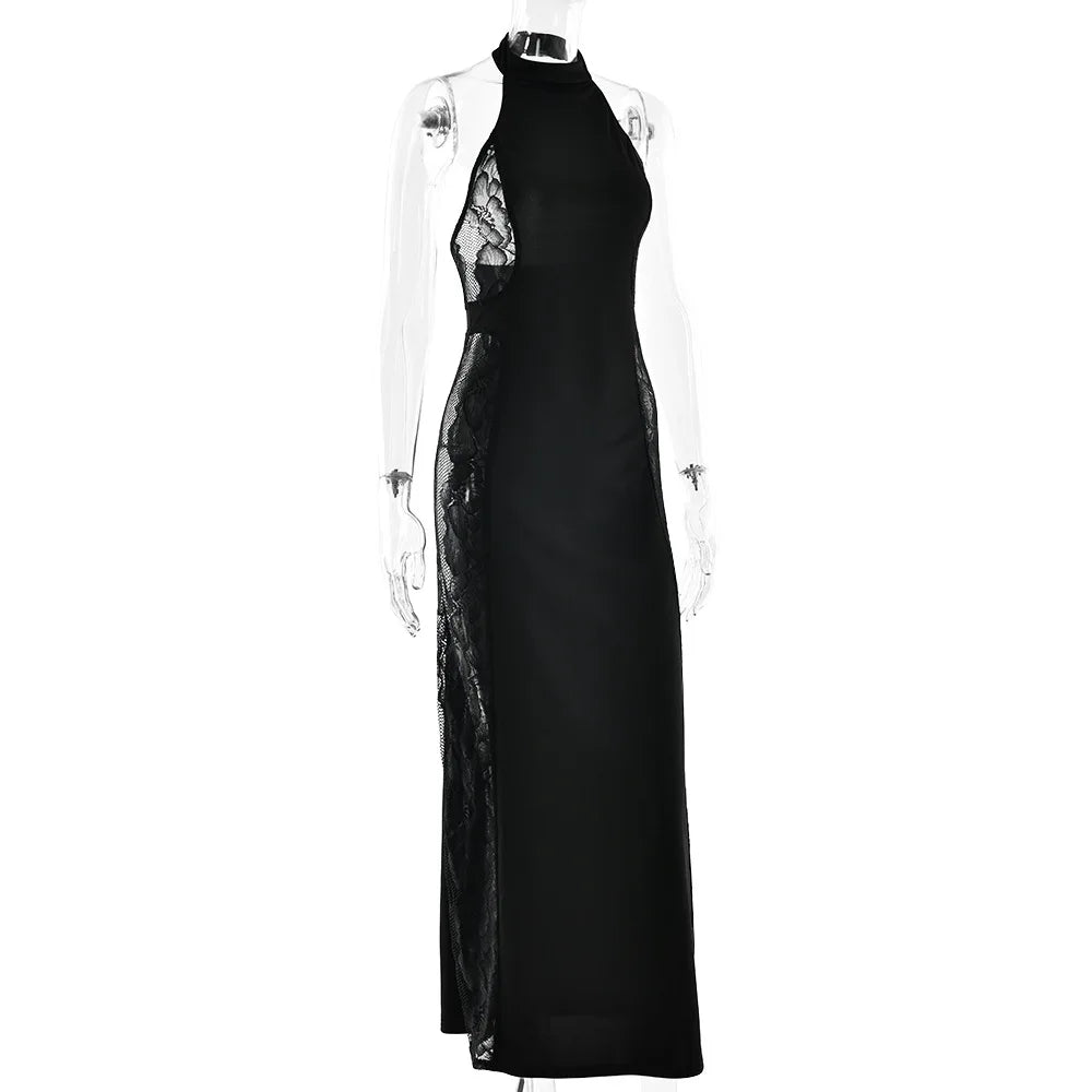 Talenza Luxury Lace Evening Dress Sexy  See-Through Cutout Lace Backless Dress Elegant Sleeveless Halter Neck Women Party Dress