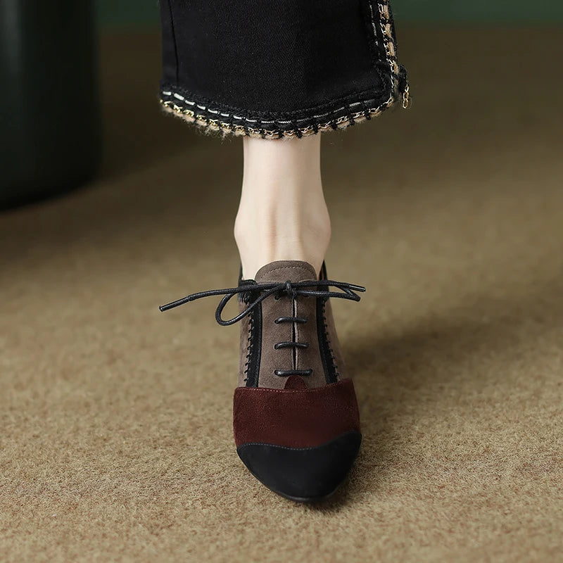 2025 New Spring Autumn Retro Mature Women Pumps Office Ladies High-heeled Lace-Up Genuine Leather Suede Shoes Woman High Quality