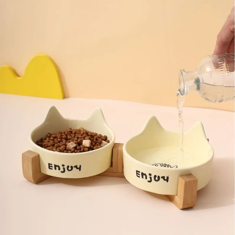 Ceramic Double Bowl Pet Cat Bowl Anti-Slip Heightened Bamboo Table Feeding Bowl Pet Supplies Water Feeders Small Dogs Supplies