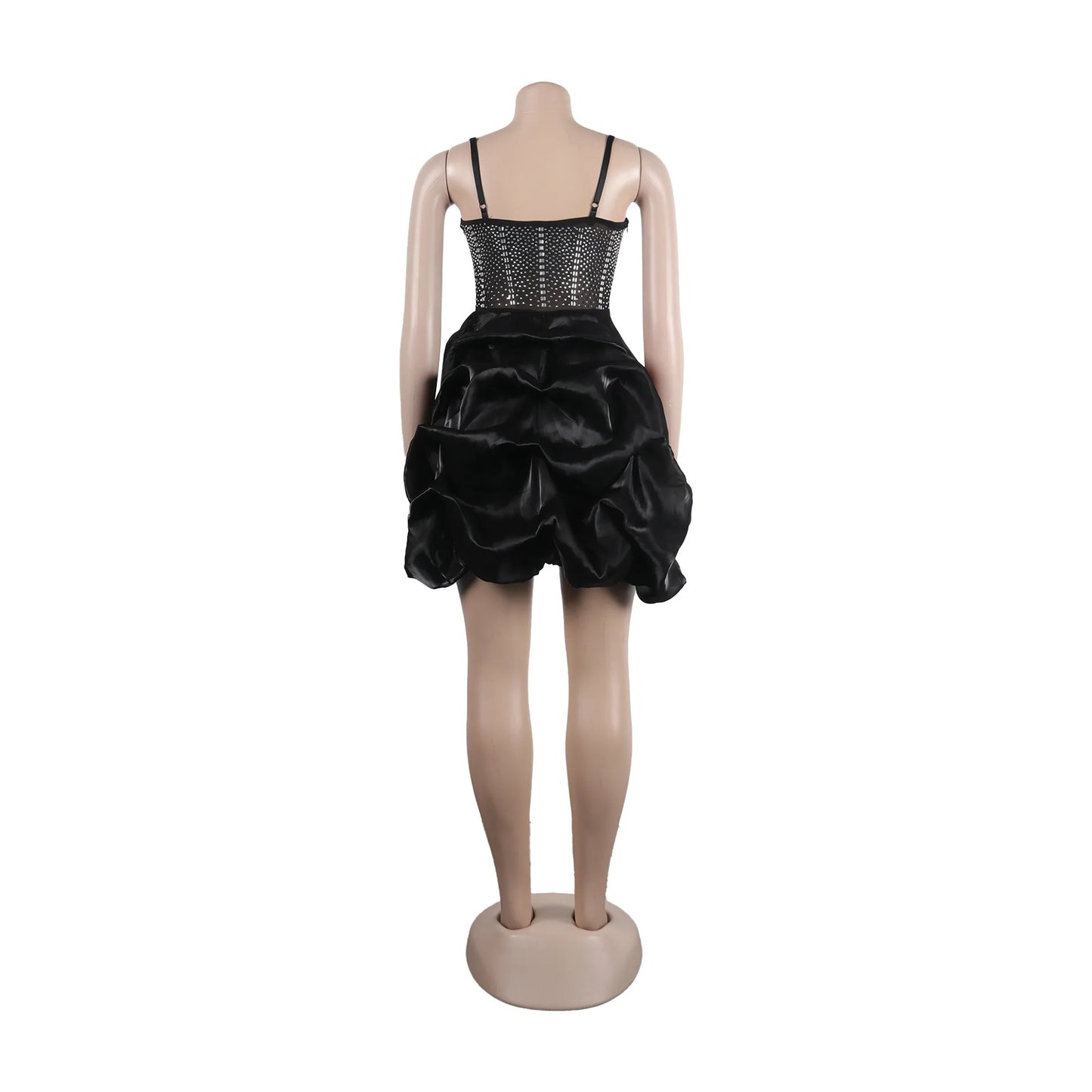 HBLL Sexy Rhinestone Bodycon Ruched Puff Suspenders Dresses Women Sheer Mesh Birthday Party Night Clubwear Summer Dresses Robes