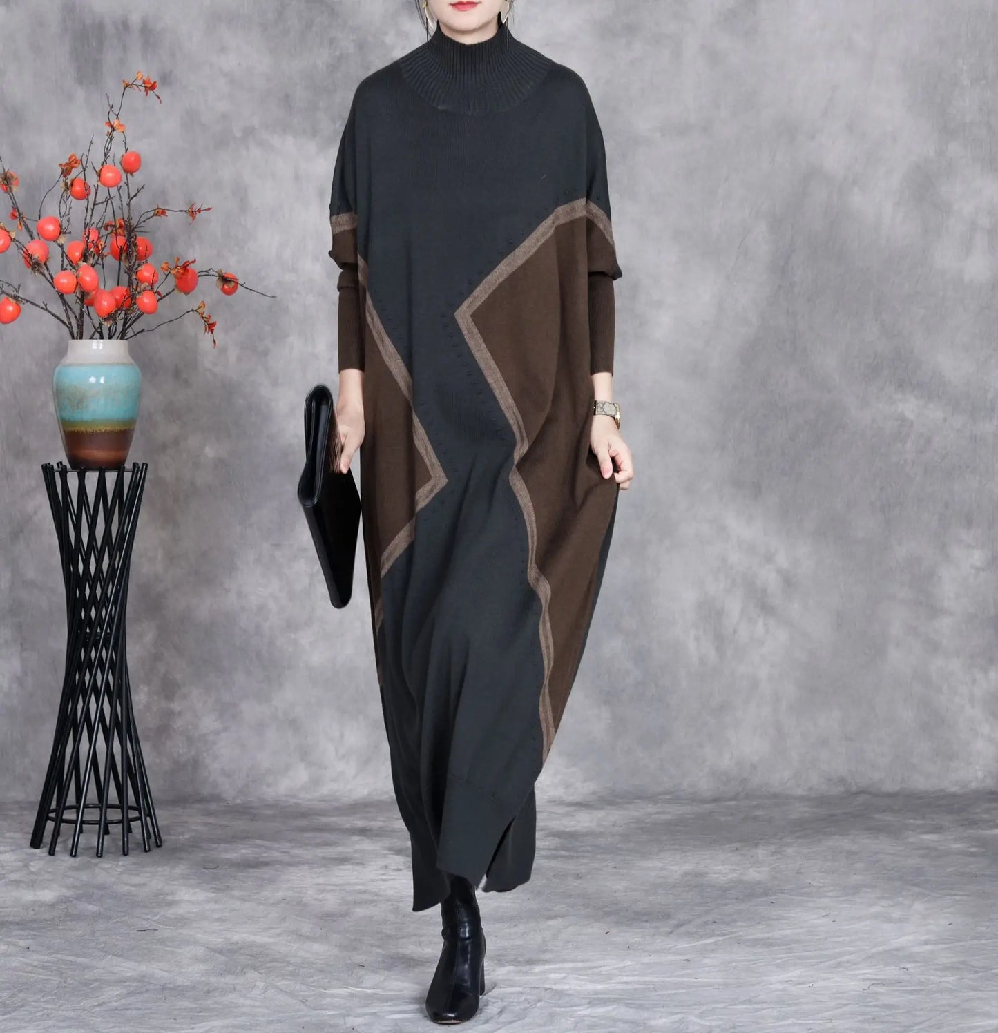 Johnature 2025 Woman Autumn New Fashion Mock Neck Loose Long Sleeves Dress Chinese Style Contrast Batwing Sleeve Casual Dress