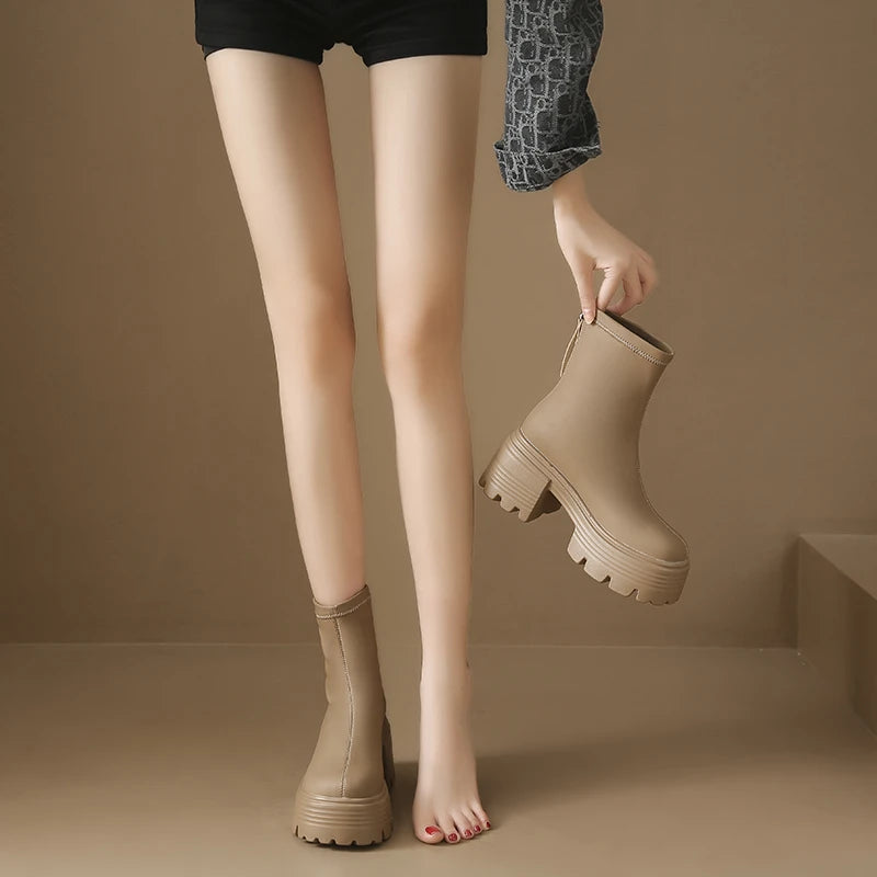 8CM Autumn Chunky Boots High Platform Leather Sneakers Women Round Toe Chelsea Boots British Style Thick Sole Female Ankle Shoes