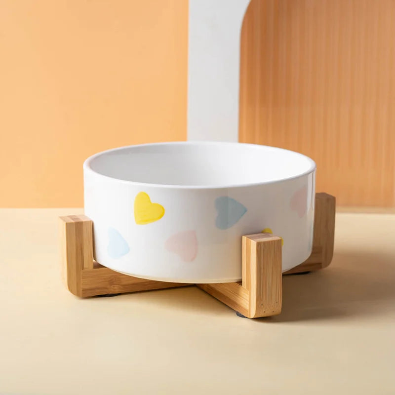 Ceramics Dog Bowl with Wood Mat Wide Mouth Feeding Bowls Food and Water Pet Feeder for Cat Puppy Protecting Cervical Spine