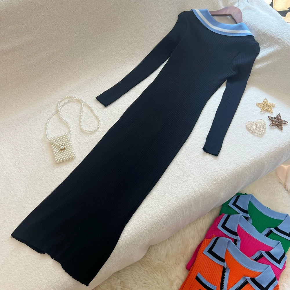 YuooMuoo Women Dress 2025 Autumn Winter Fashion Y2K Embroidery Slim Elastic Long Sweater Dress Elegant Lady Office Dress Vestido
