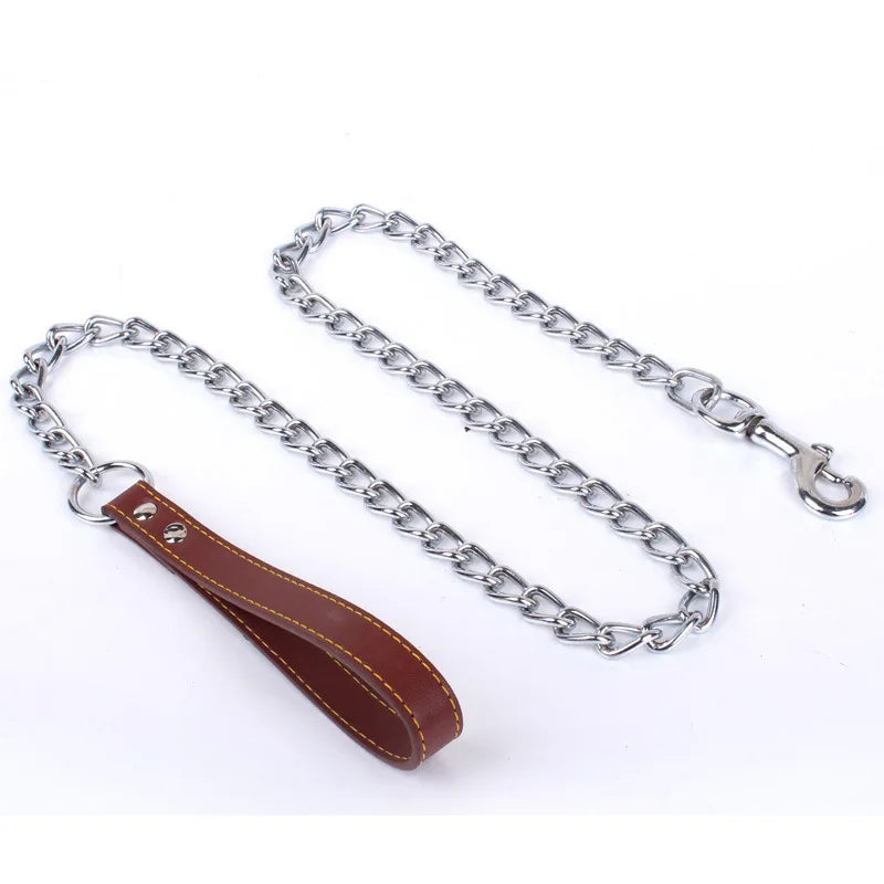 Durable Pet Dog Chain Metal Leash For Small Medium Dog PU Handle Leather Iron Chain Leash Anti-Bite Chain Dog Accessories