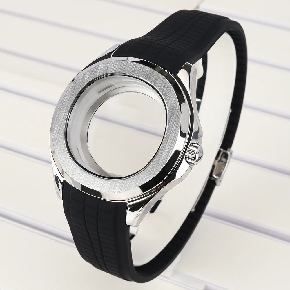 42mm Silver NH35 Watch Case Polished Brushed Black strap SapphireGlass For Nautilus AQUANAUT Cases Part NH35 NH36 NH38 32mm Dial