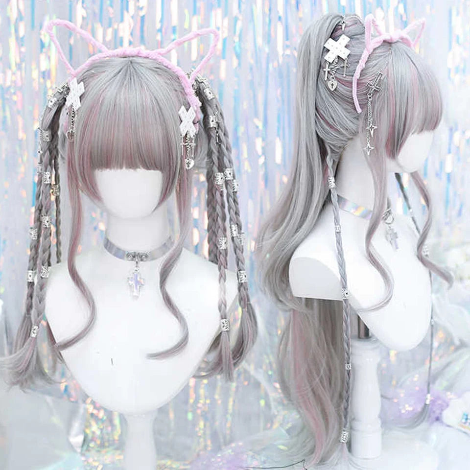 Synthetic Long Curly Wavy Lolita Wig with Bangs Wig Girl Cute Ombre Pink Blonde Black Cosplay Party Halloween Harajuku Wig