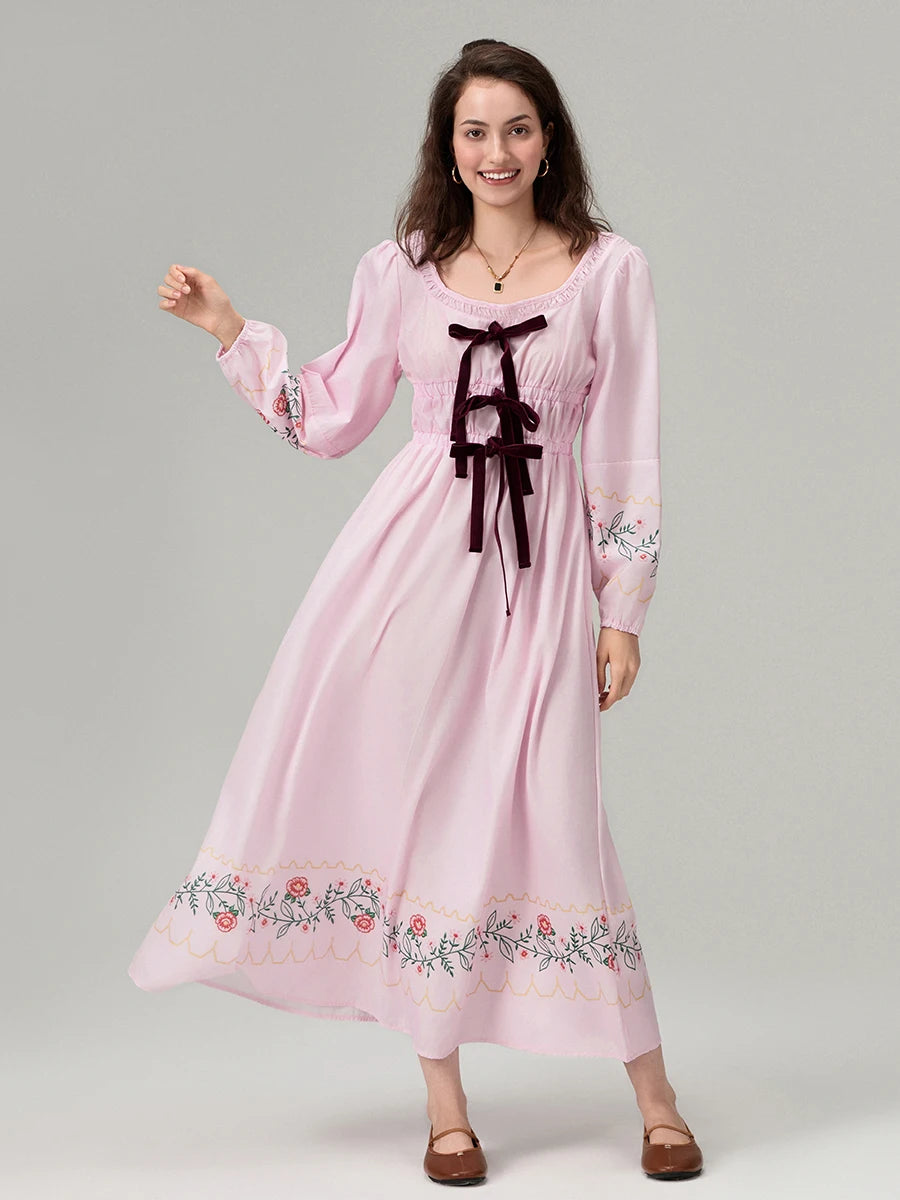 Women's 2024 Summer Boho Square Neck Front Bow Midi Dress Lady Vintage Puff Long Sleeve Plaid Ruffle Backless Maxi Dress
