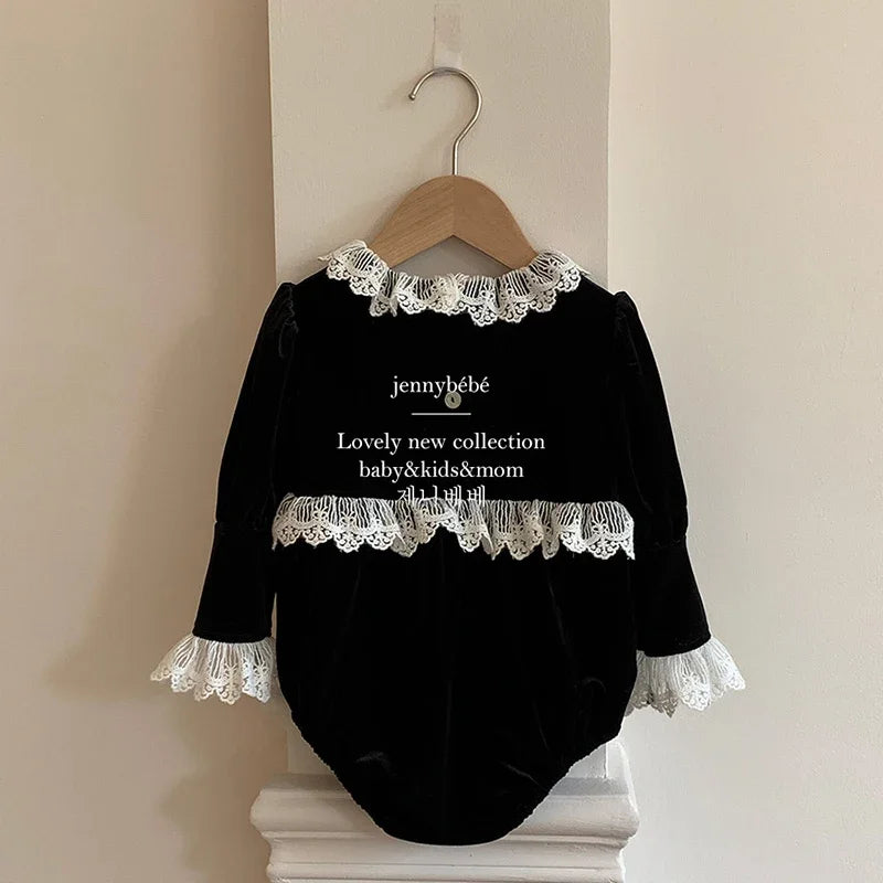 Newborn Baby Girls Lace Rompers Velvet Long Sleeve Infant One-Pieces Baby Bodysuit for Toddler Clothing Children Outfits 0-24m