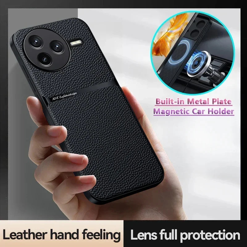 Car Magnetic Hilder Texture Leather Case For POCO F7 Ultra Soft Silicone Protection Shockproof Cover