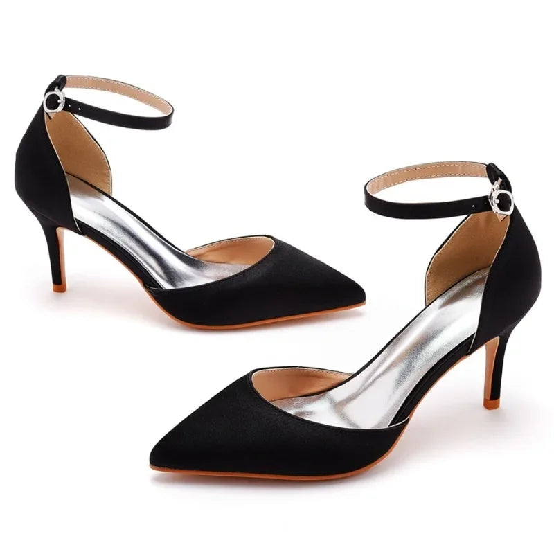Sexy Ankle Strap Sandals Women Party Mature Silk 7CM Cover Heel Buckle Strap Formal Dress Dress Women's Shoes Dark Green