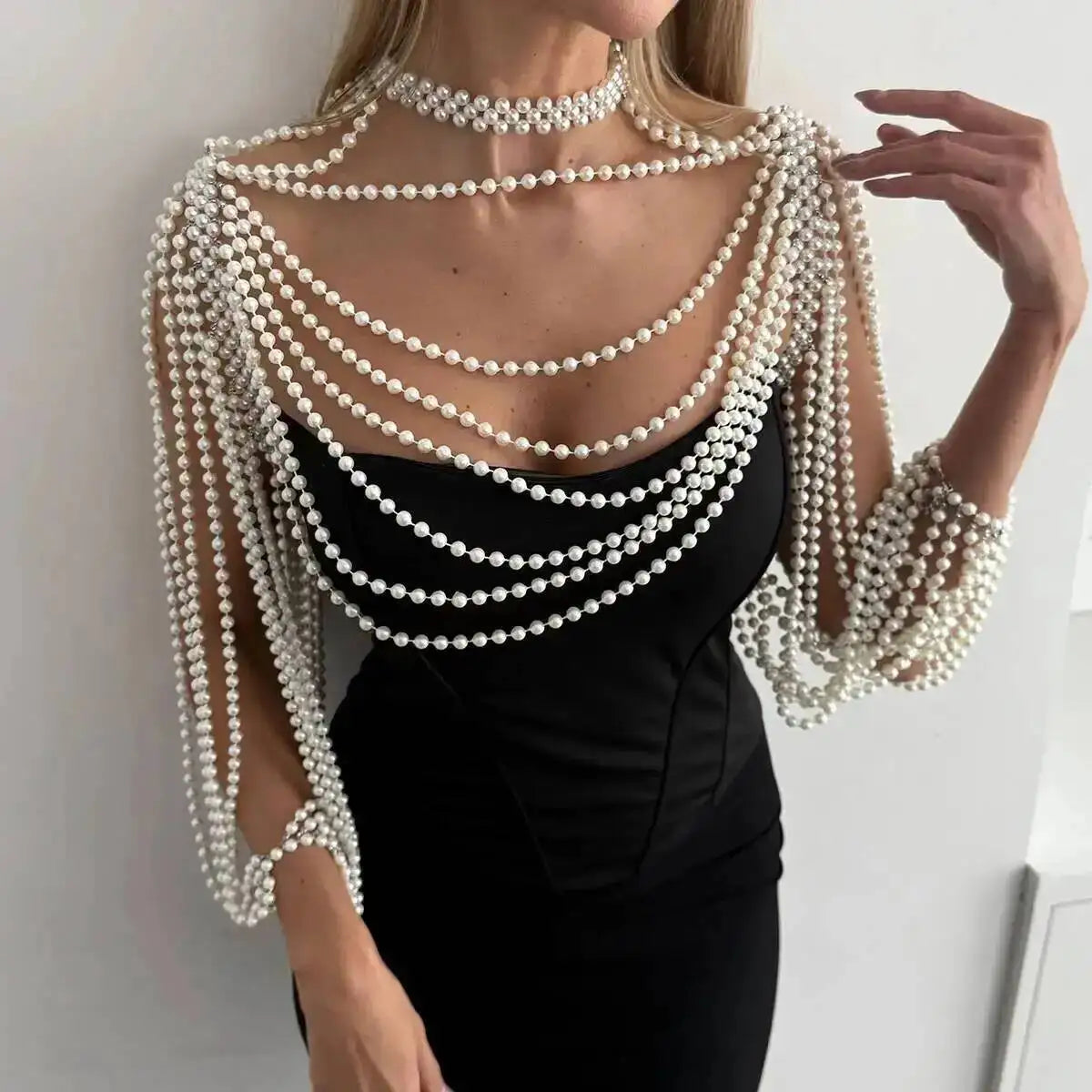 KunJoe Luxury Multi-layer Imitation Pearl Shawl Body Chain Women Elegant Long Necklace Body Jewelry Bride Wedding Accessories