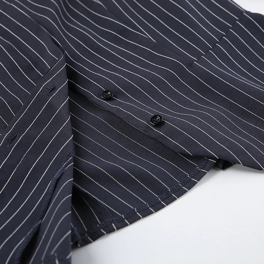 Women's Matching Sets 2026 Woman Navy Blue Striped V-neck Waist Small Suit Top Short A-shaped Skirt Women's Two-piece Set