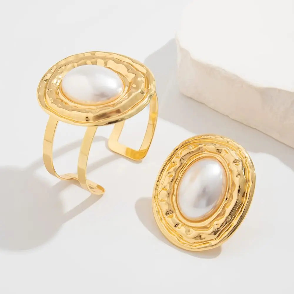 2pcs/set Exaggerated Bracelets Rings Set Irregular Geometric Jewelry Sets Gold Silver Color Elliptical Wide Bracelets
