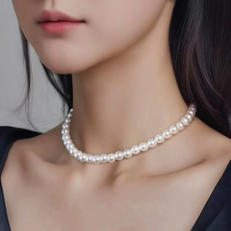 Fashion Elegant White Imitation Pearl Chokers Necklace For Women Men Wedding Banquet Necklaces Vintage Handmade Jewelry Gift