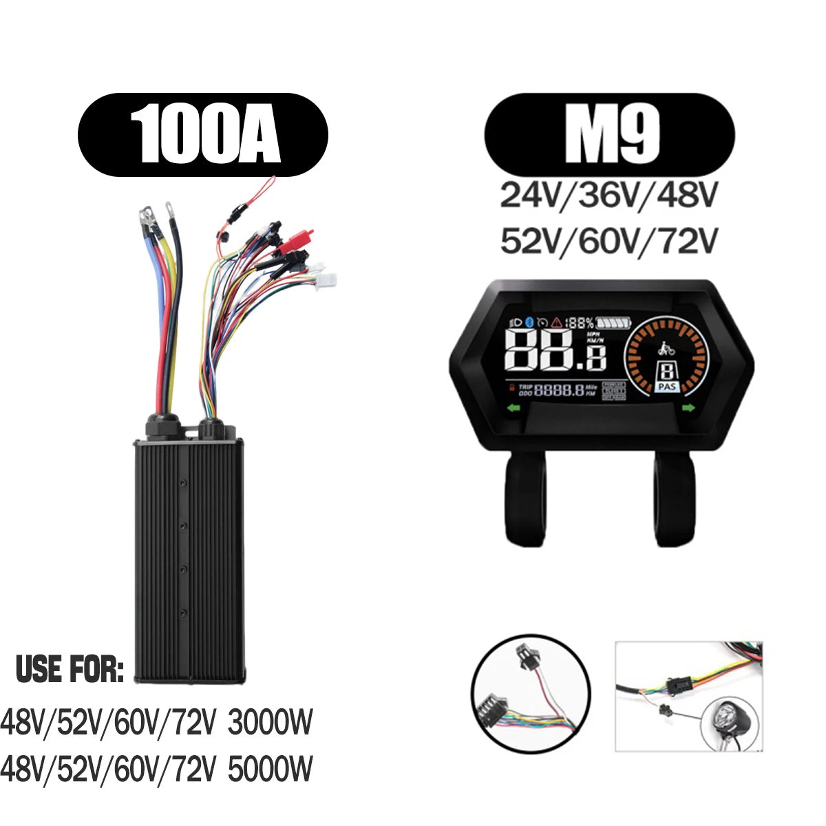Ebike Sine Wave Display Controller 100A Three-Mode 48V52V60V72V with Learning Function UKC1 LCD Color Display 3000W5000W Motor